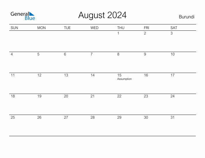 Printable August 2024 Calendar for Burundi