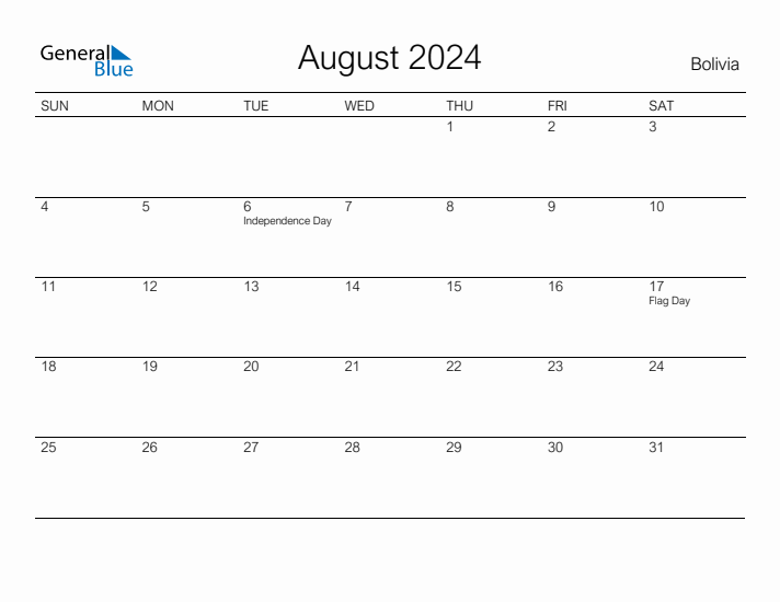 Printable August 2024 Calendar for Bolivia