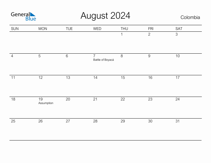 Printable August 2024 Calendar for Colombia