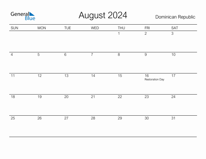 Printable August 2024 Calendar for Dominican Republic