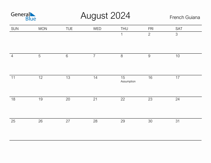 Printable August 2024 Calendar for French Guiana