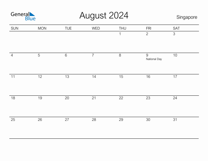 Printable August 2024 Calendar for Singapore