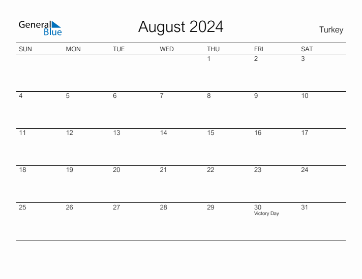 Printable August 2024 Calendar for Turkey