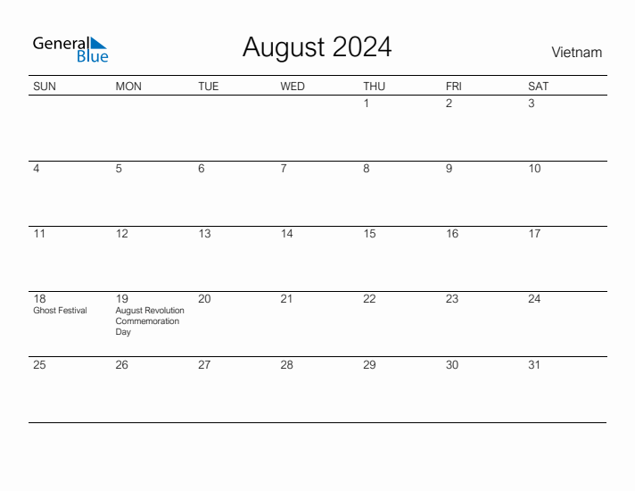 Printable August 2024 Calendar for Vietnam