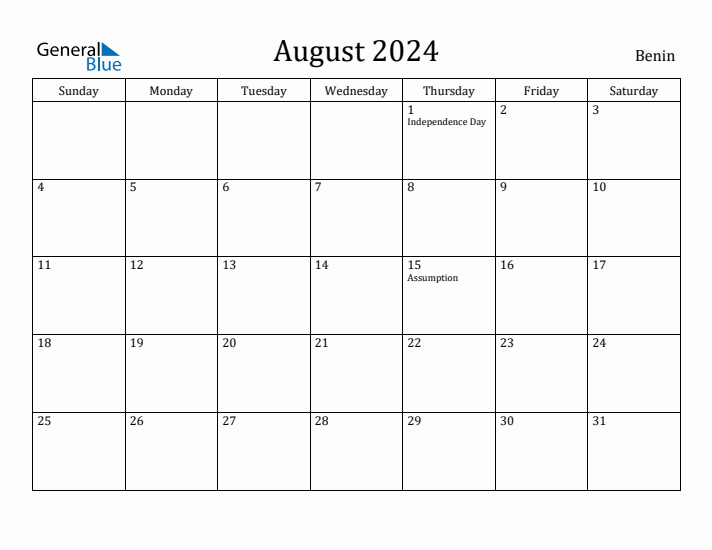 August 2024 Calendar Benin