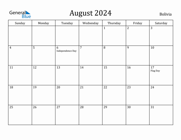 August 2024 Calendar Bolivia