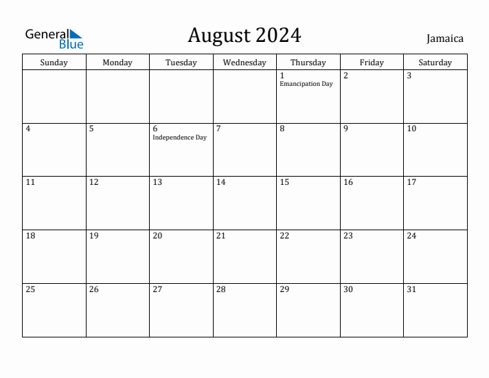 August 2024 Calendar Jamaica