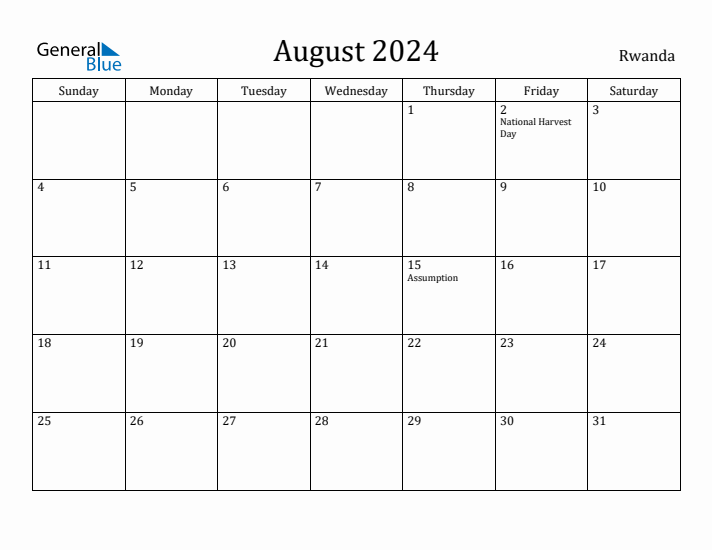 August 2024 Calendar Rwanda