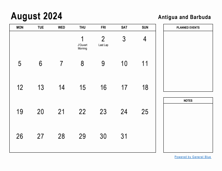 August 2024 Printable Monthly Calendar with Antigua and Barbuda Holidays