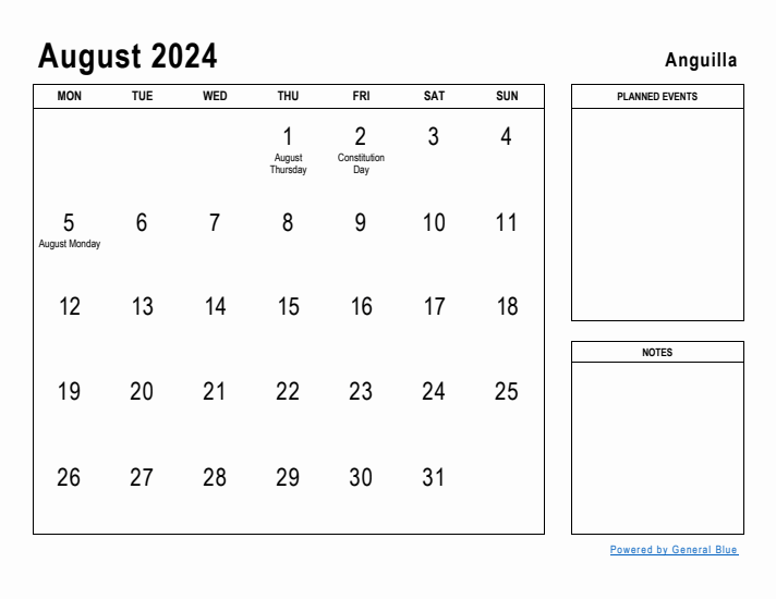 August 2024 Printable Monthly Calendar with Anguilla Holidays