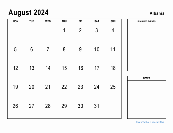 August 2024 Printable Monthly Calendar with Albania Holidays