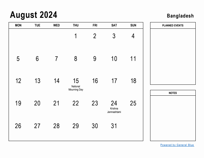 August 2024 Printable Monthly Calendar with Bangladesh Holidays