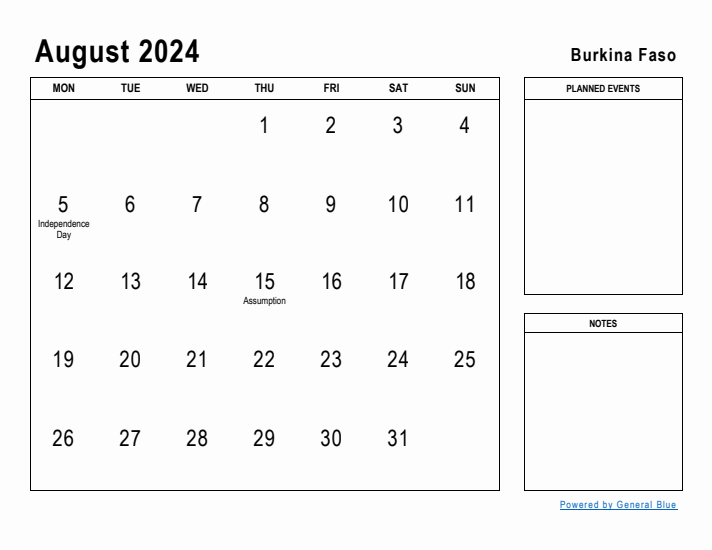 August 2024 Printable Monthly Calendar with Burkina Faso Holidays