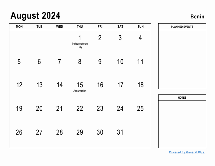 August 2024 Printable Monthly Calendar with Benin Holidays