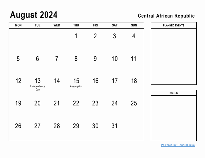 August 2024 Printable Monthly Calendar with Central African Republic Holidays