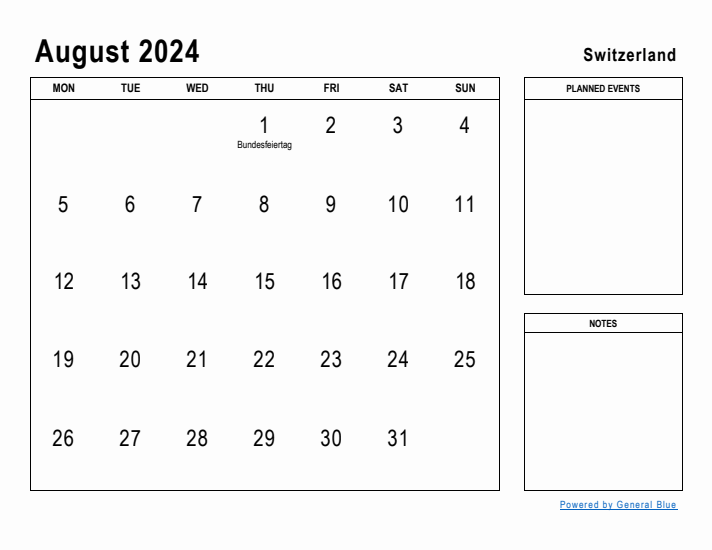 August 2024 Printable Monthly Calendar with Switzerland Holidays