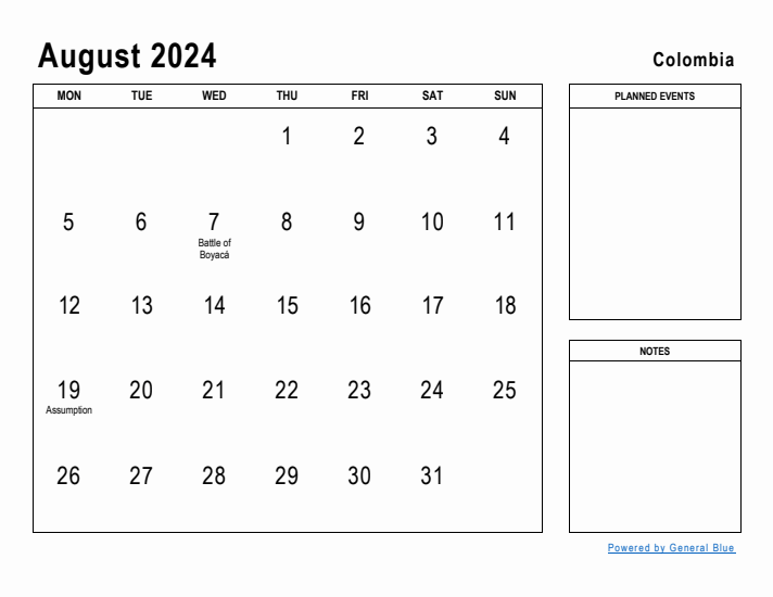 August 2024 Printable Monthly Calendar with Colombia Holidays