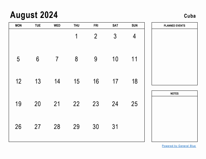 August 2024 Printable Monthly Calendar with Cuba Holidays