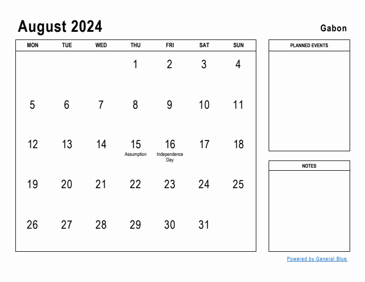 August 2024 Printable Monthly Calendar with Gabon Holidays