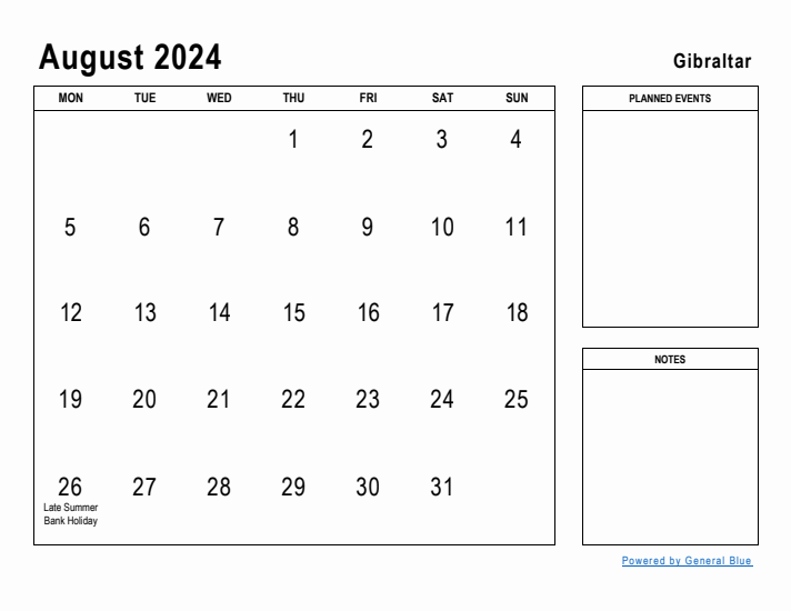 August 2024 Printable Monthly Calendar with Gibraltar Holidays