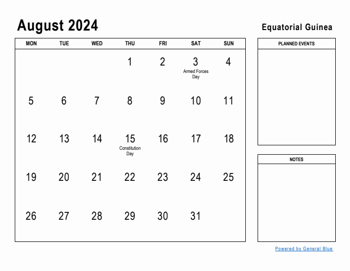 August 2024 Printable Monthly Calendar with Equatorial Guinea Holidays