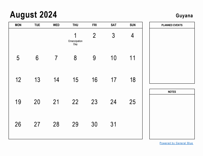 August 2024 Printable Monthly Calendar with Guyana Holidays