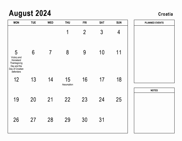 August 2024 Printable Monthly Calendar with Croatia Holidays