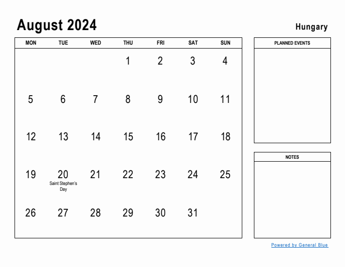 August 2024 Printable Monthly Calendar with Hungary Holidays