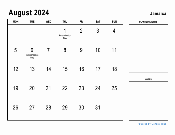 August 2024 Printable Monthly Calendar with Jamaica Holidays