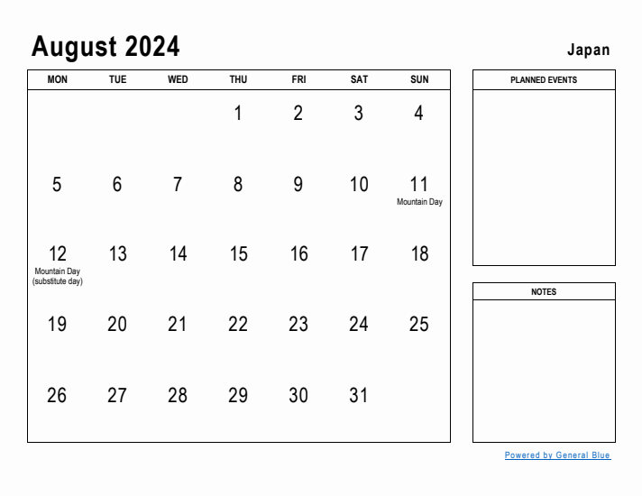 August 2024 Printable Monthly Calendar with Japan Holidays