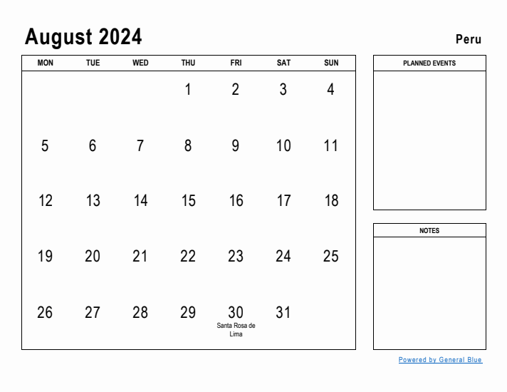 August 2024 Printable Monthly Calendar with Peru Holidays