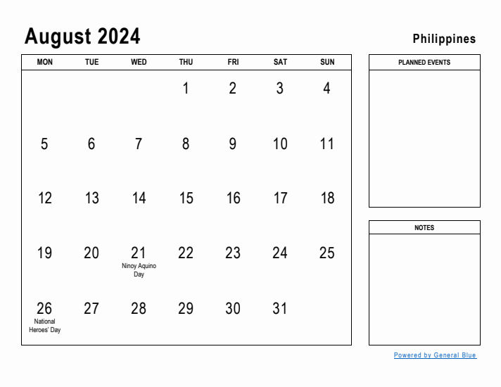 August 2024 Printable Monthly Calendar with Philippines Holidays