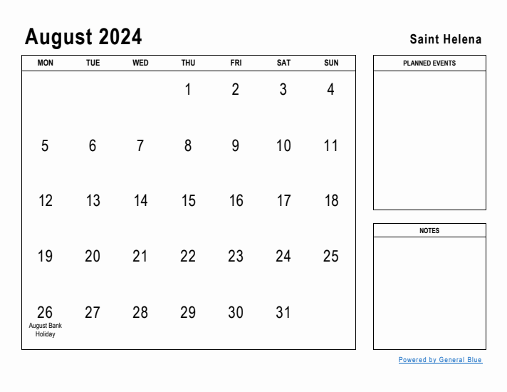 August 2024 Printable Monthly Calendar with Saint Helena Holidays