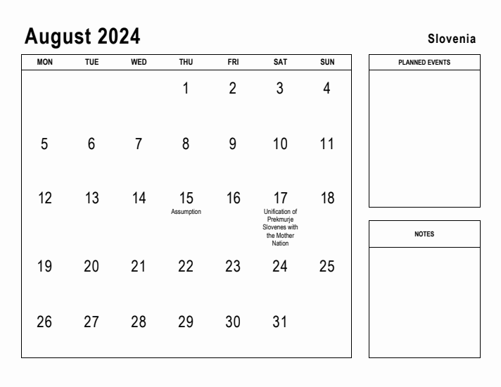 August 2024 Printable Monthly Calendar with Slovenia Holidays