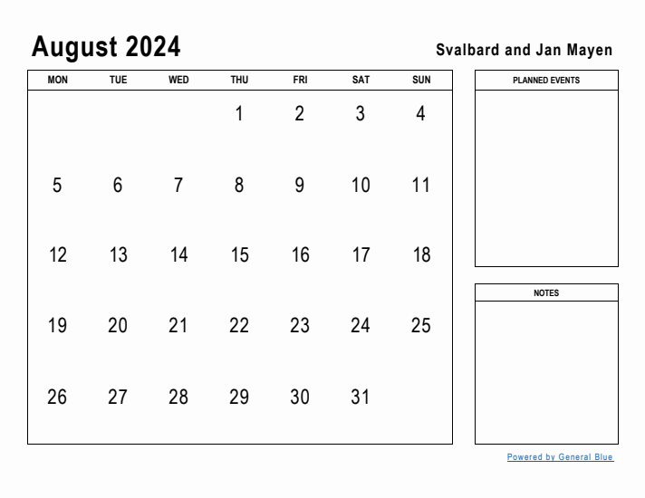 August 2024 Printable Monthly Calendar with Svalbard and Jan Mayen Holidays