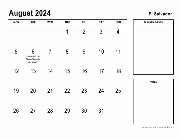 August 2024 Printable Monthly Calendar with El Salvador Holidays