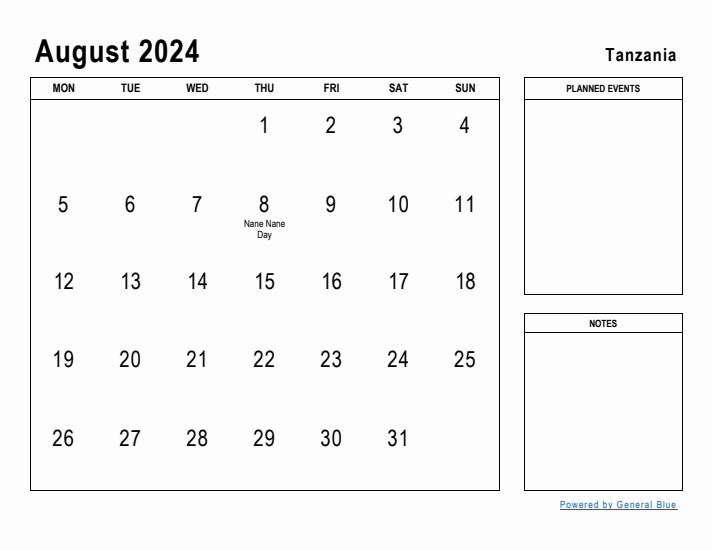 August 2024 Printable Monthly Calendar with Tanzania Holidays