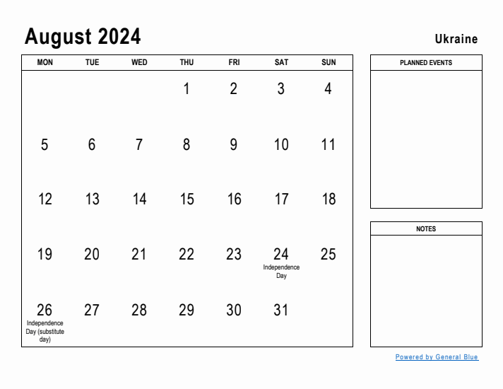 August 2024 Printable Monthly Calendar with Ukraine Holidays