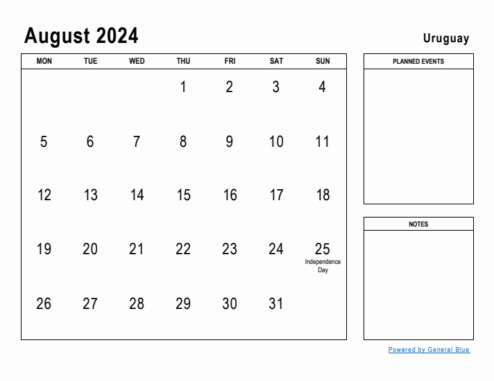 August 2024 Printable Monthly Calendar with Uruguay Holidays