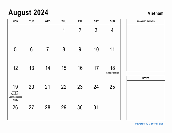 August 2024 Printable Monthly Calendar with Vietnam Holidays