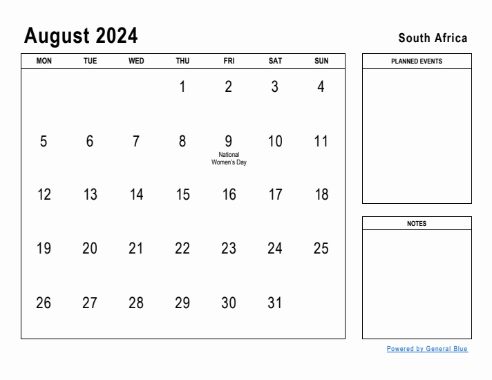 August 2024 Printable Monthly Calendar with South Africa Holidays