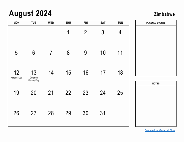 August 2024 Printable Monthly Calendar with Zimbabwe Holidays