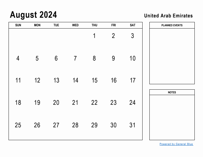 August 2024 Printable Monthly Calendar with United Arab Emirates Holidays