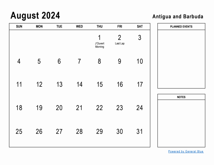 August 2024 Printable Monthly Calendar with Antigua and Barbuda Holidays