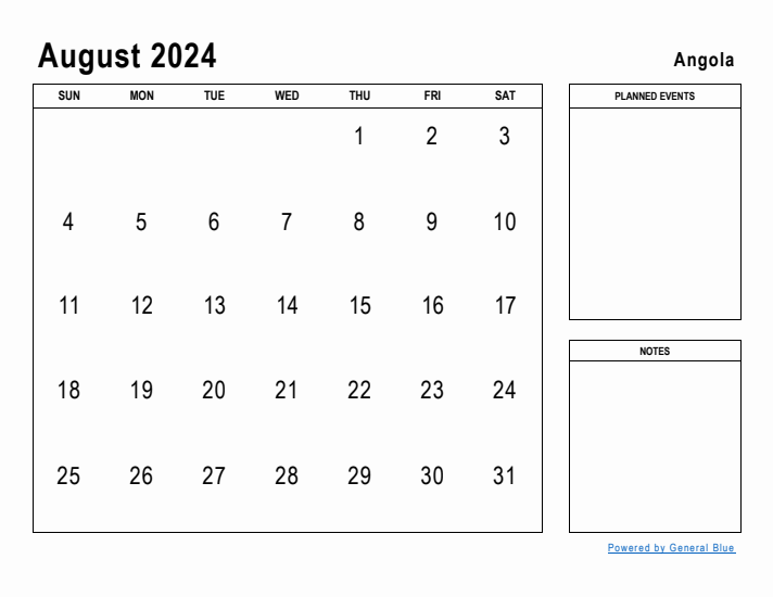 August 2024 Printable Monthly Calendar with Angola Holidays