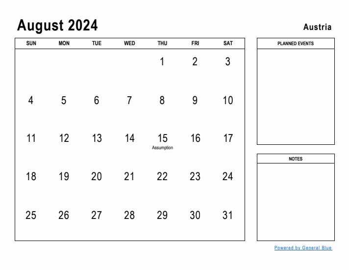 August 2024 Printable Monthly Calendar with Austria Holidays