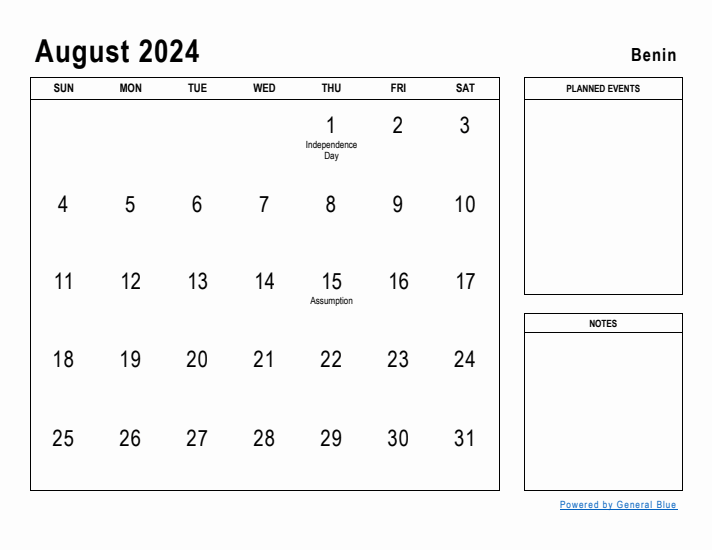 August 2024 Printable Monthly Calendar with Benin Holidays