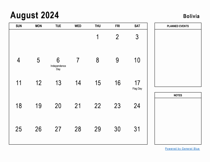 August 2024 Printable Monthly Calendar with Bolivia Holidays