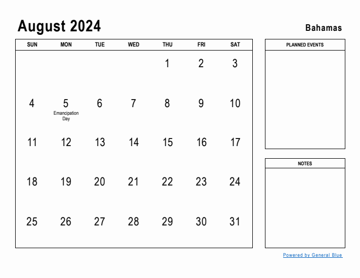 August 2024 Printable Monthly Calendar with Bahamas Holidays