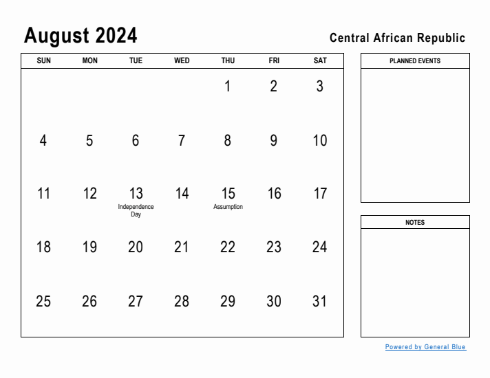 August 2024 Printable Monthly Calendar with Central African Republic Holidays